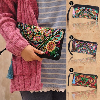 Free Shipping Vintage Ethnic Purses Ladies Casual Embroidery Boho Hippie Tassel Tote Wallets