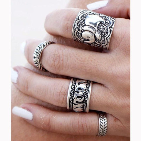 Unique Carving Elephant Silver Plated Ring Set
