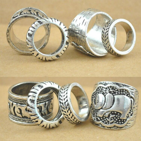 Unique Carving Elephant Silver Plated Ring Set